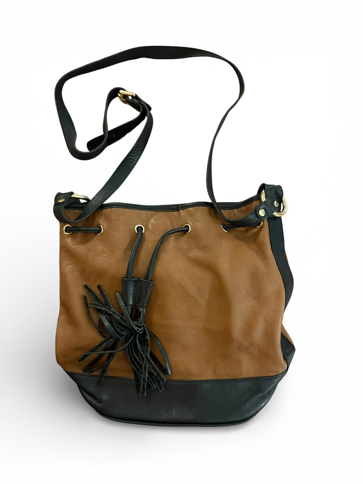 Luciana Verde Two-Tone Brown and Black Leather Bucket Bag with Tassel