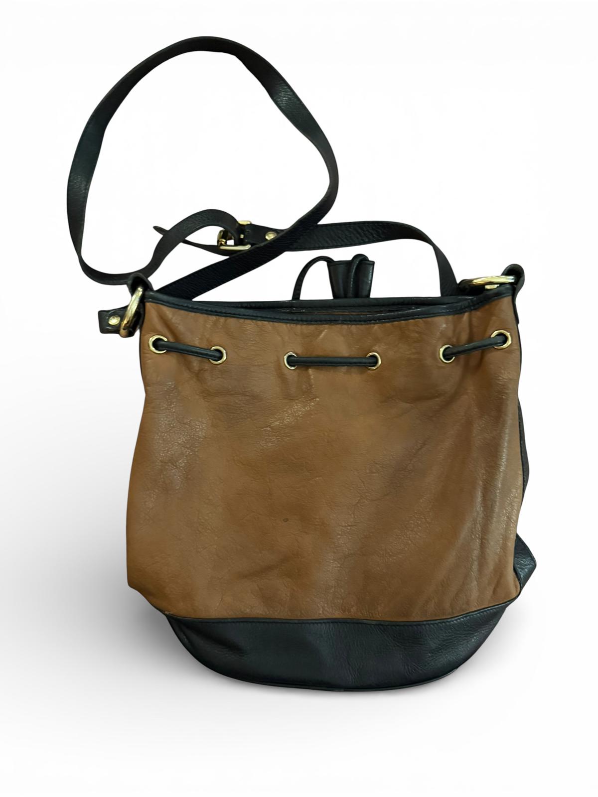 Luciana Verde Two-Tone Brown and Black Leather Bucket Bag with Tassel
