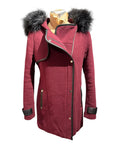 Etam Burgundy Wool Coat with Faux Fur Hood and Leather Trim