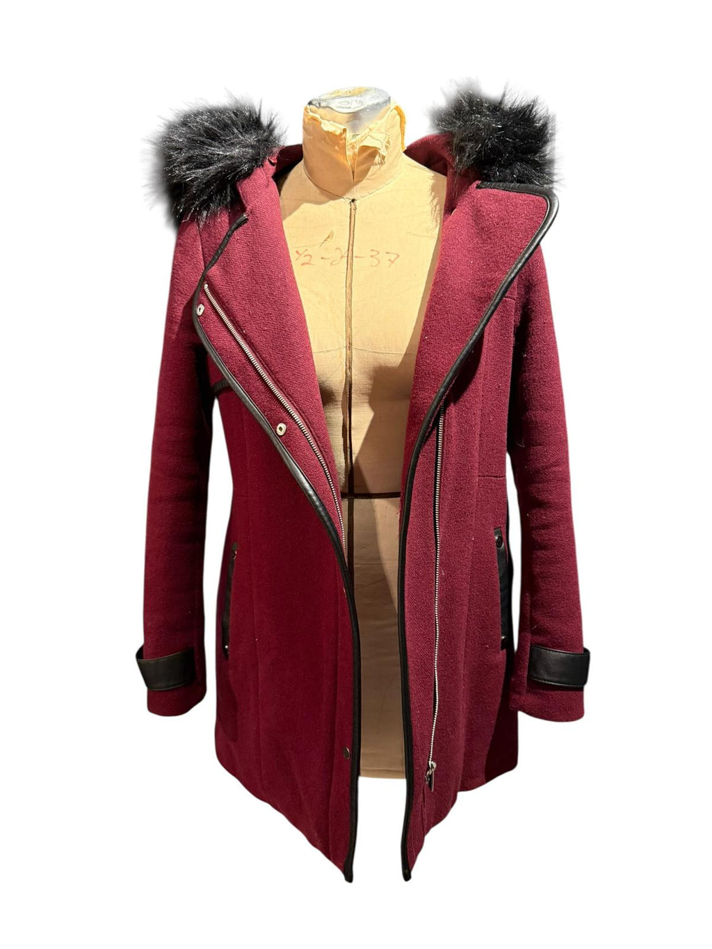 Etam Burgundy Wool Coat with Faux Fur Hood and Leather Trim