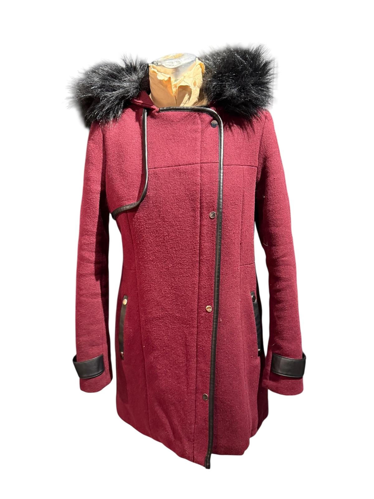 Etam Burgundy Wool Coat with Faux Fur Hood and Leather Trim