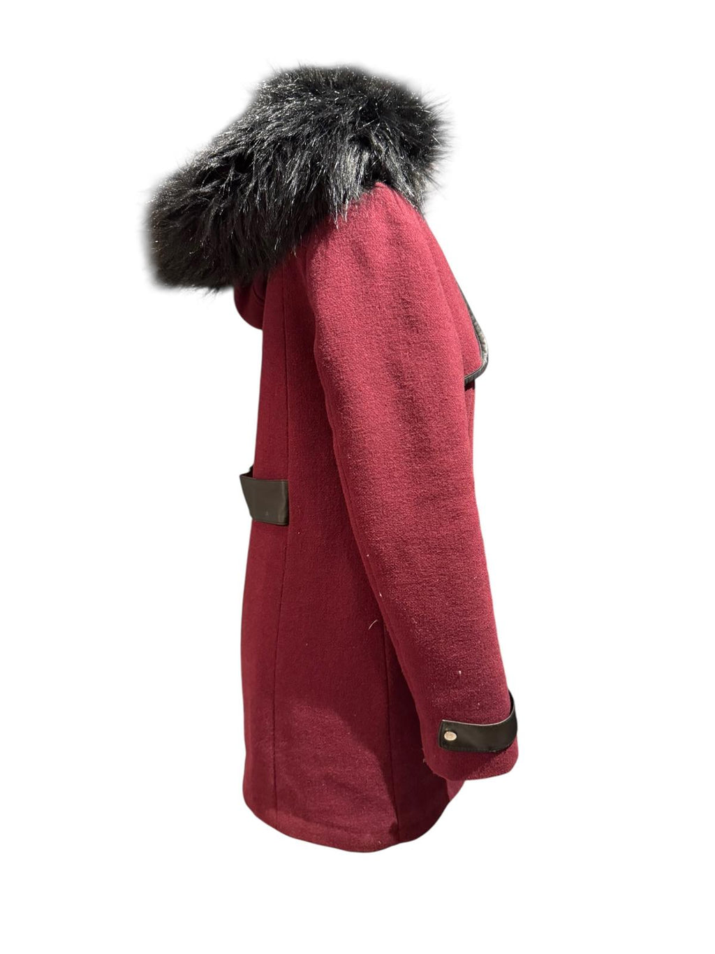 Etam Burgundy Wool Coat with Faux Fur Hood and Leather Trim