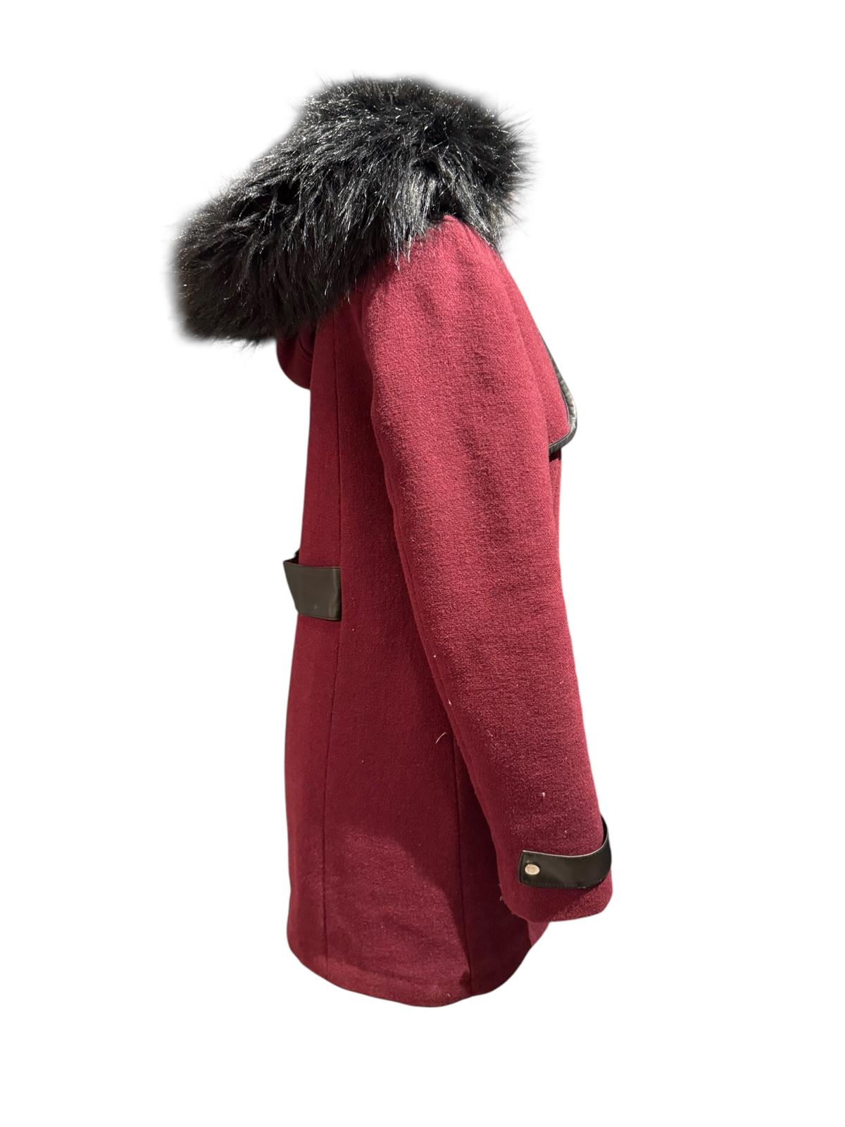 Etam Burgundy Wool Coat with Faux Fur Hood and Leather Trim