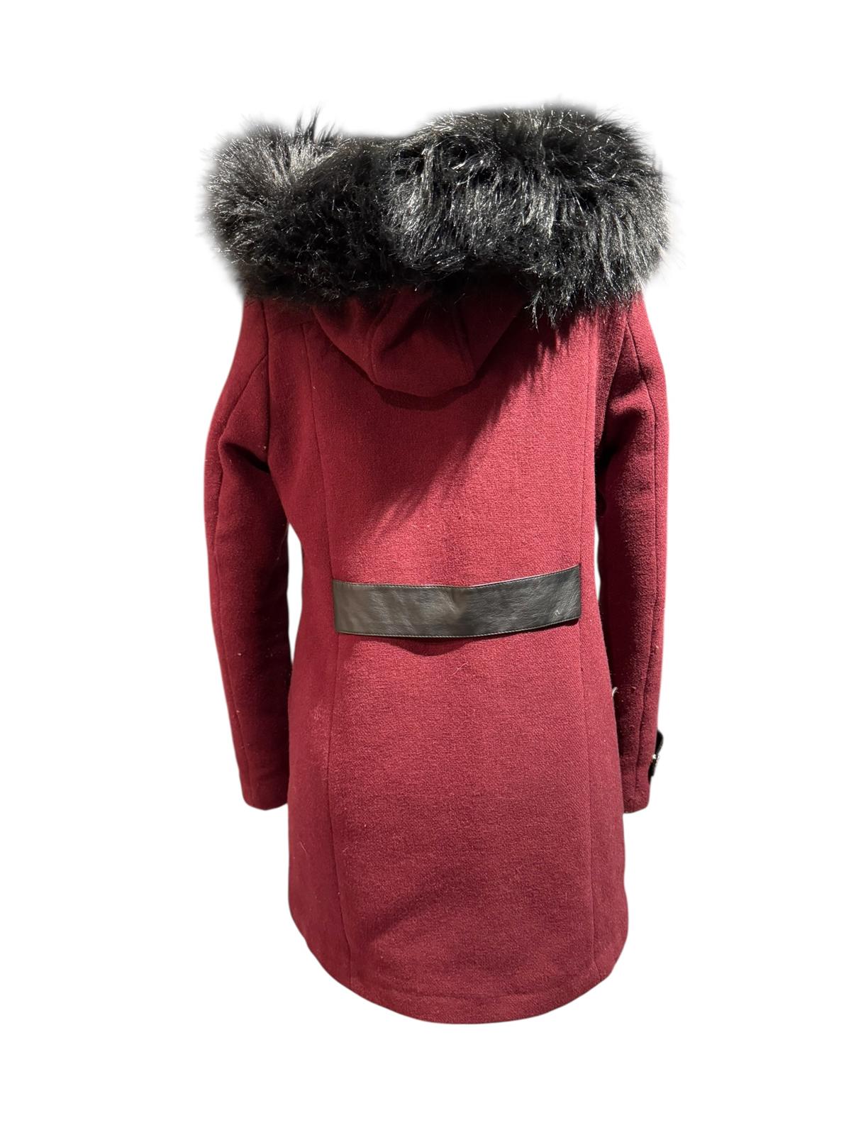 Etam Burgundy Wool Coat with Faux Fur Hood and Leather Trim