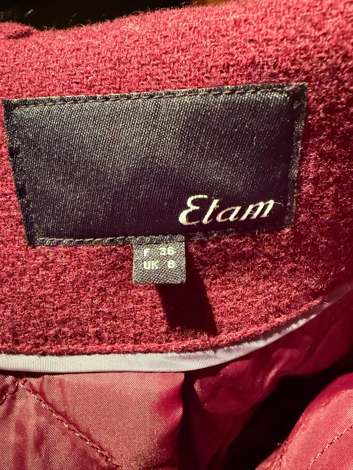 Etam Burgundy Wool Coat with Faux Fur Hood and Leather Trim