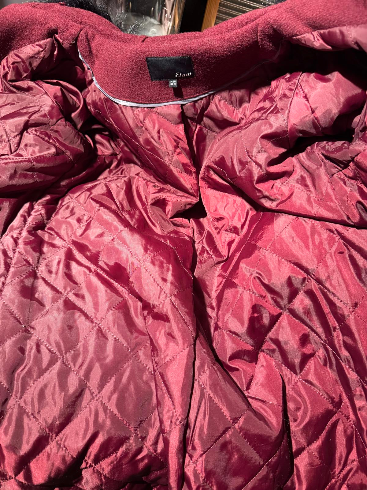 Etam Burgundy Wool Coat with Faux Fur Hood and Leather Trim