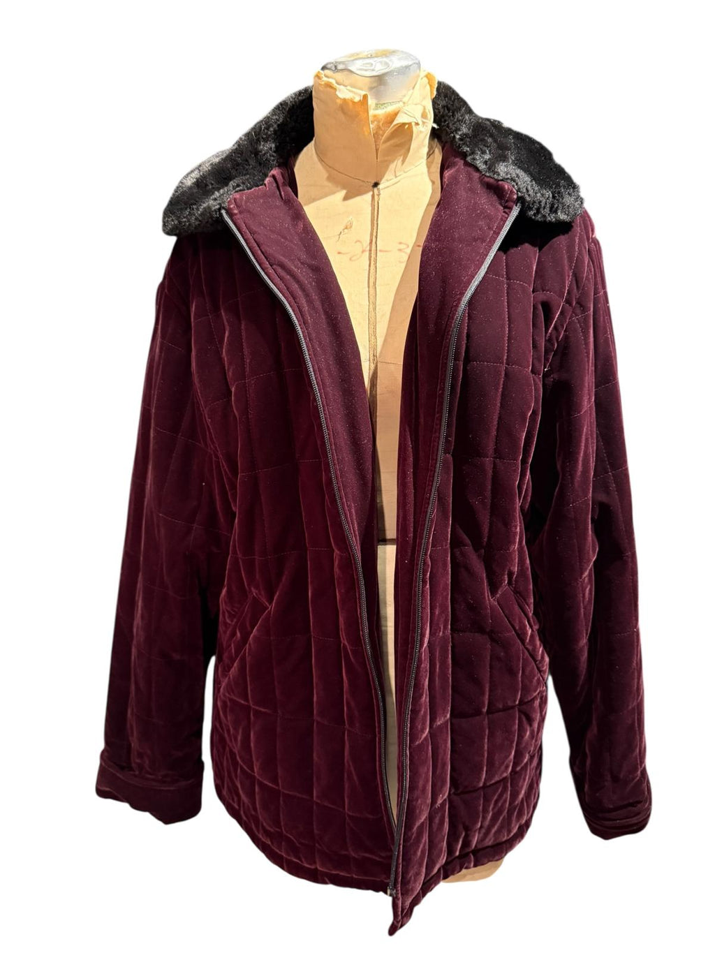 Gallery Quilted Burgundy Velvet Jacket with Faux Fur Collar