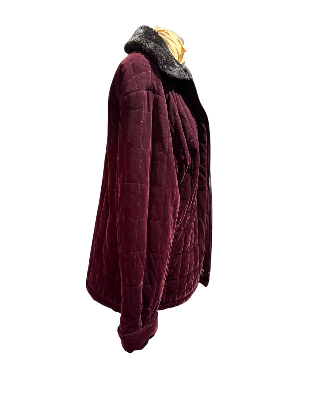 Gallery Quilted Burgundy Velvet Jacket with Faux Fur Collar