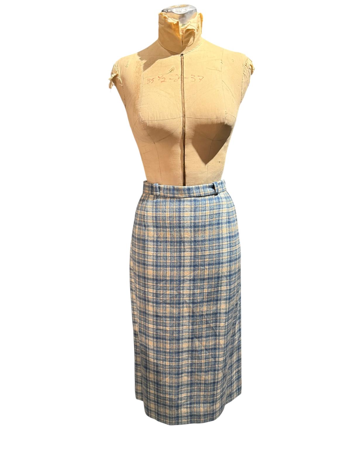 Geoffrey Beene Vintage Blue and Beige Plaid Midi Skirt