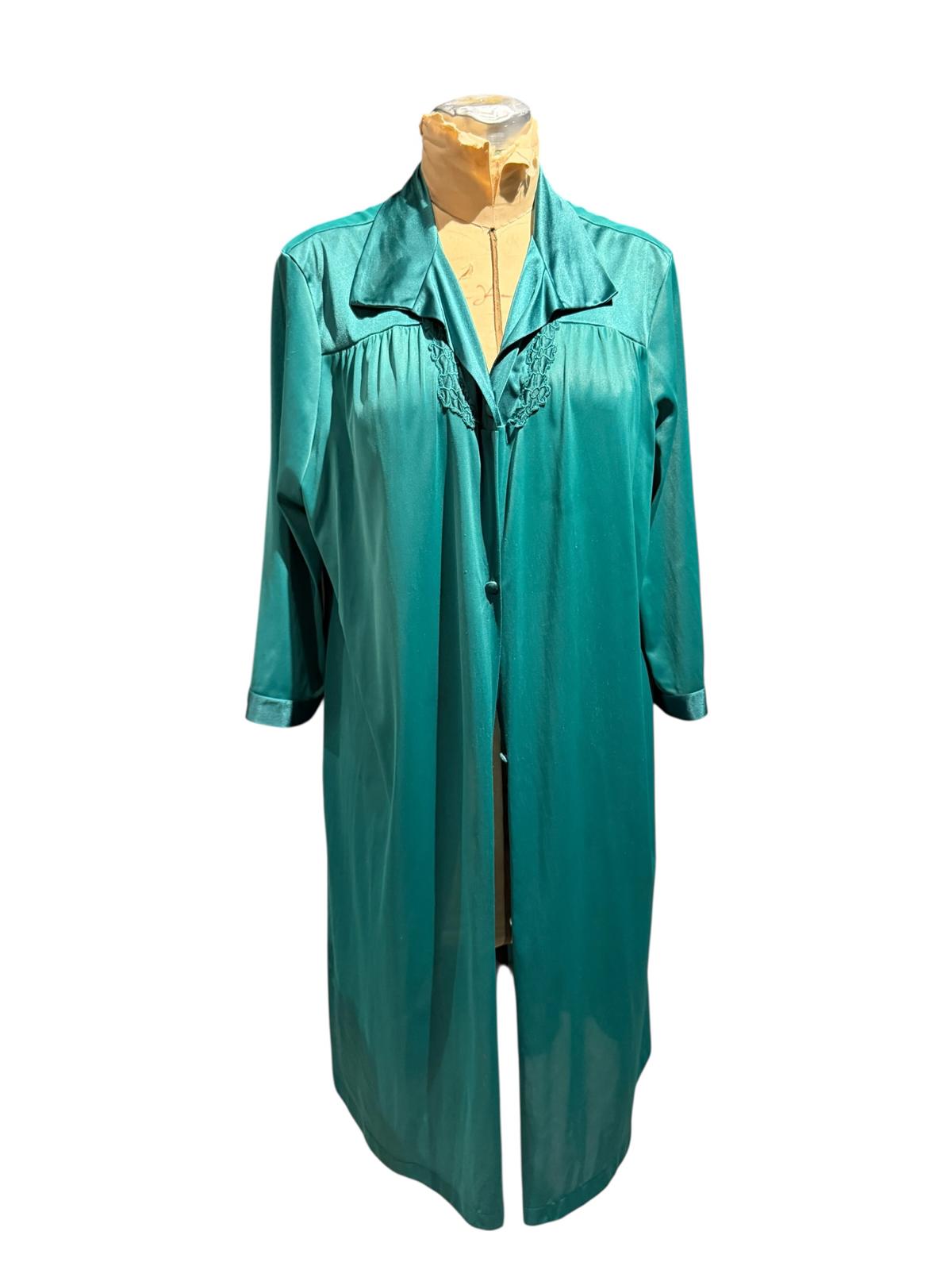 Vanity Fair Vintage Green Long Sheer Robe with Lace Detail
