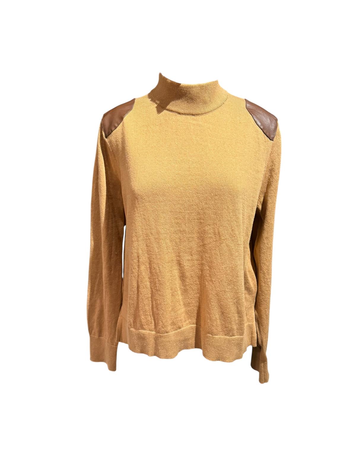 Michael Kors Tan Turtleneck Sweater with Brown Shoulder Patches