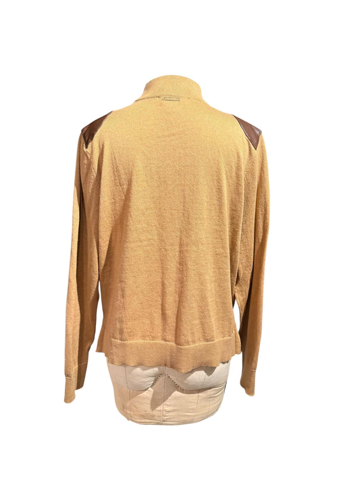 Michael Kors Tan Turtleneck Sweater with Brown Shoulder Patches
