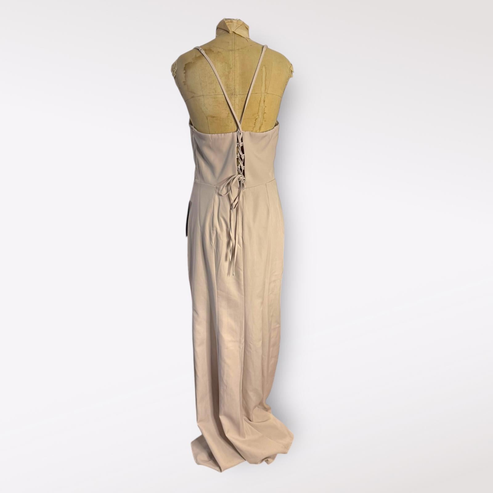 Simply Strappy Cream Long Dress with Side Slit and Lace-Up Back