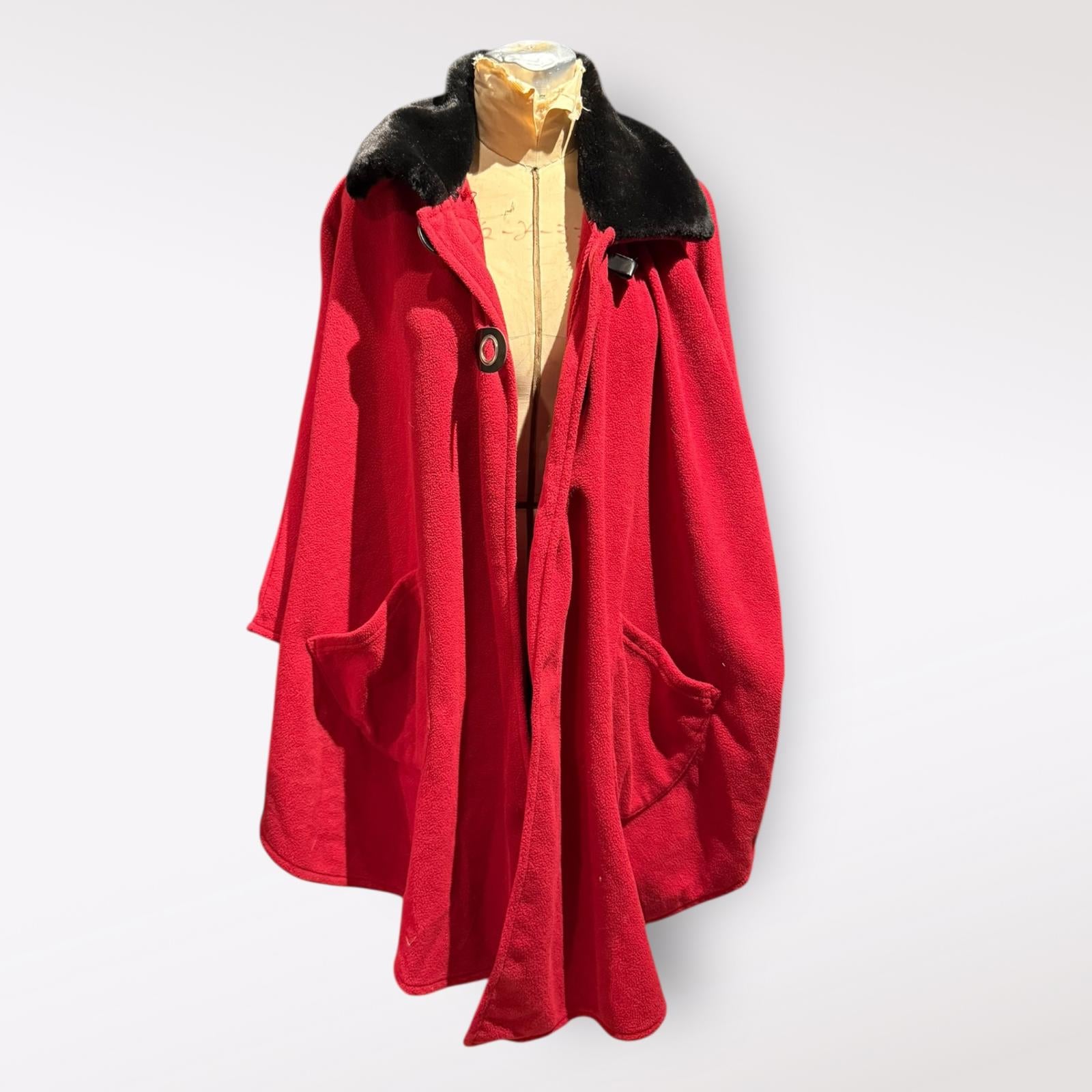 Le Moda Red Cape Coat with Black Faux Fur Collar