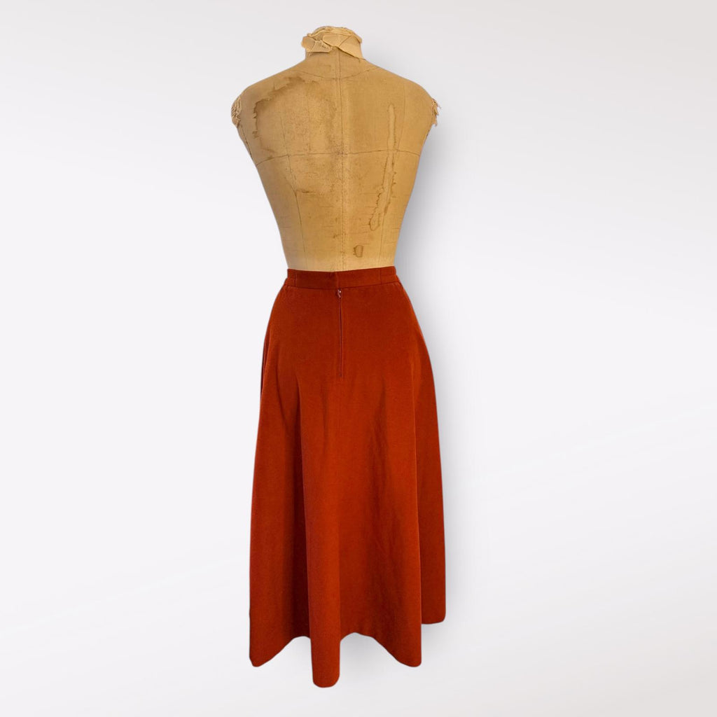 Country Suburbans Vintage Rust Orange Midi Skirt with High Waist