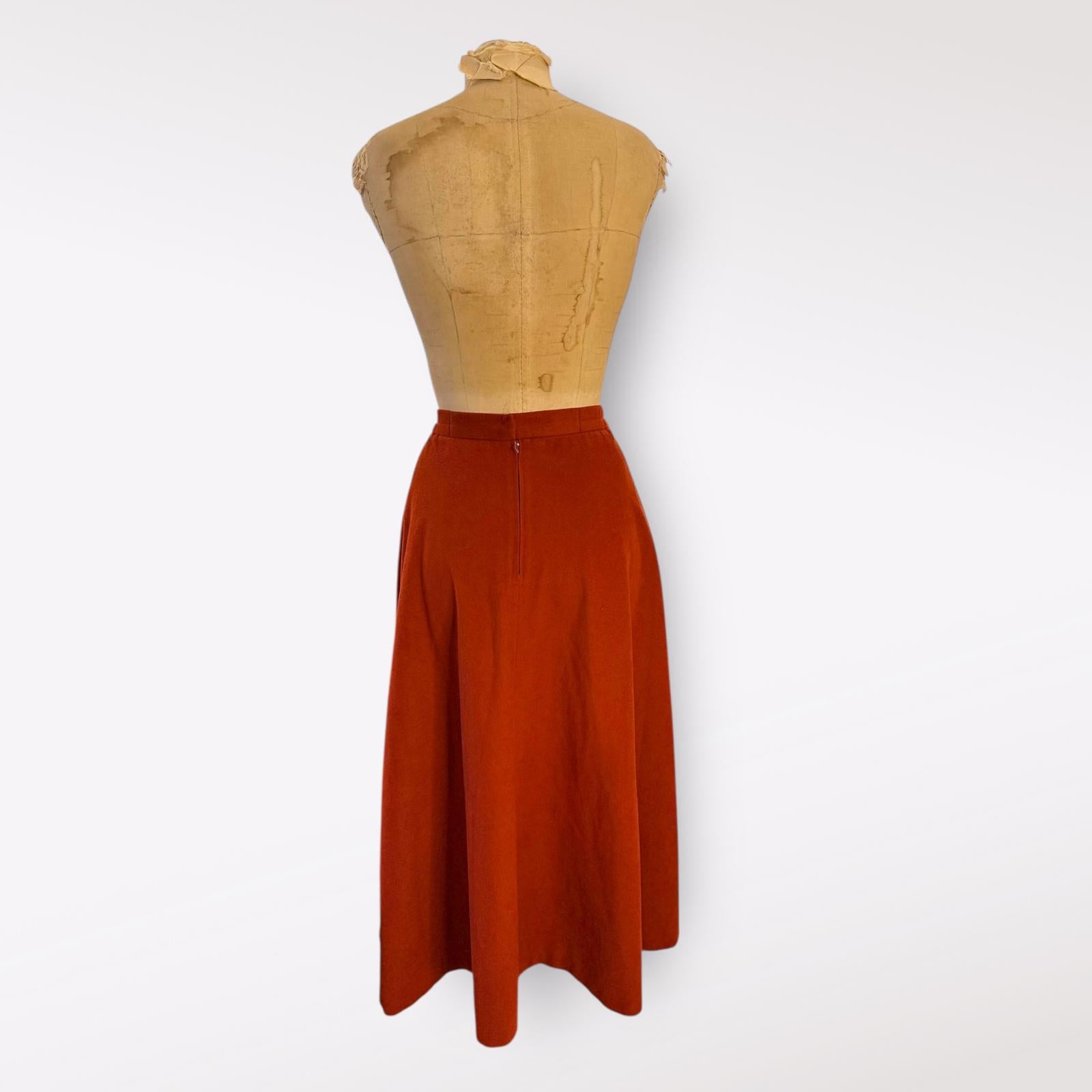 Country Suburbans Vintage Rust Orange Midi Skirt with High Waist