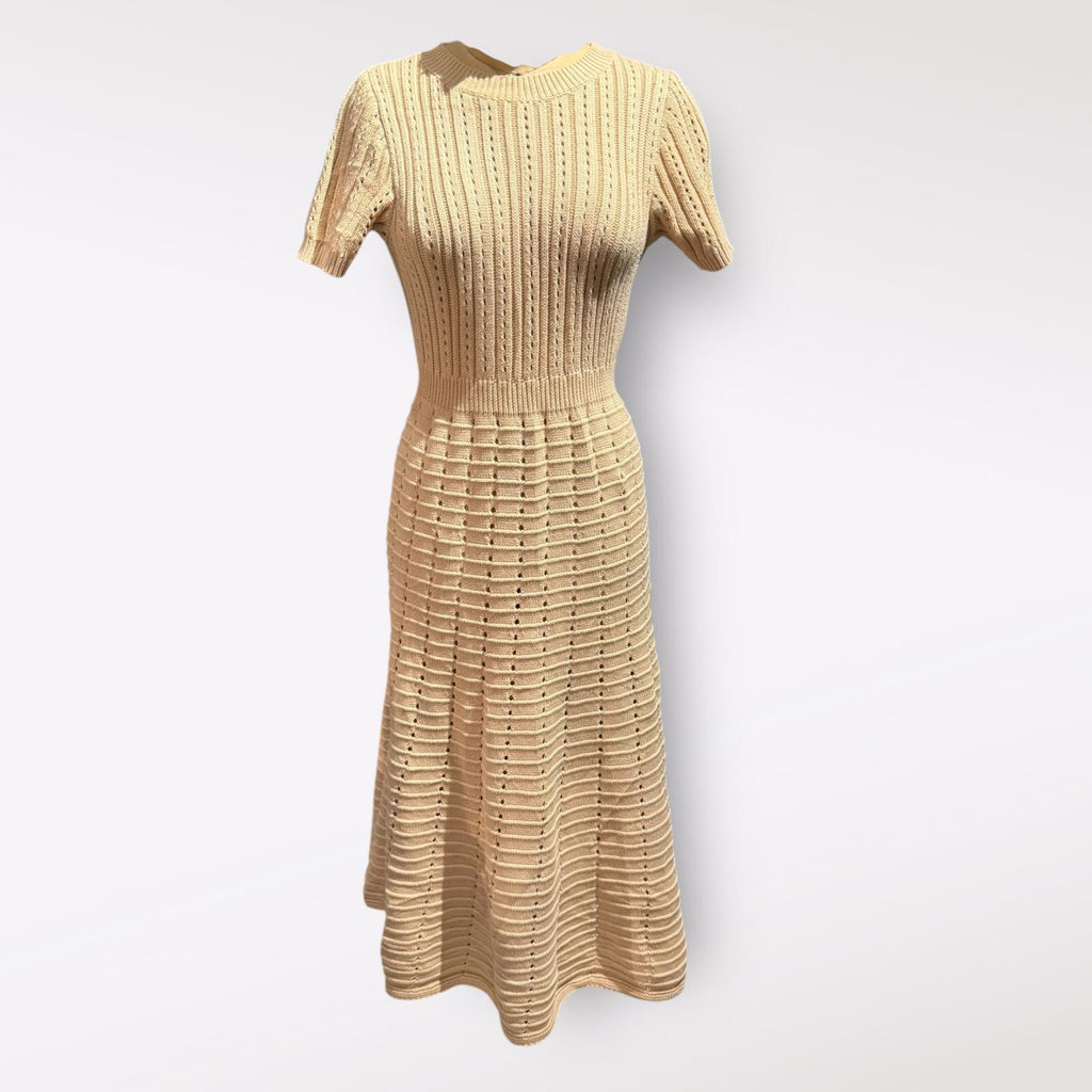 Zoe and Claire Cream Knit Midi Dress with Short Sleeves