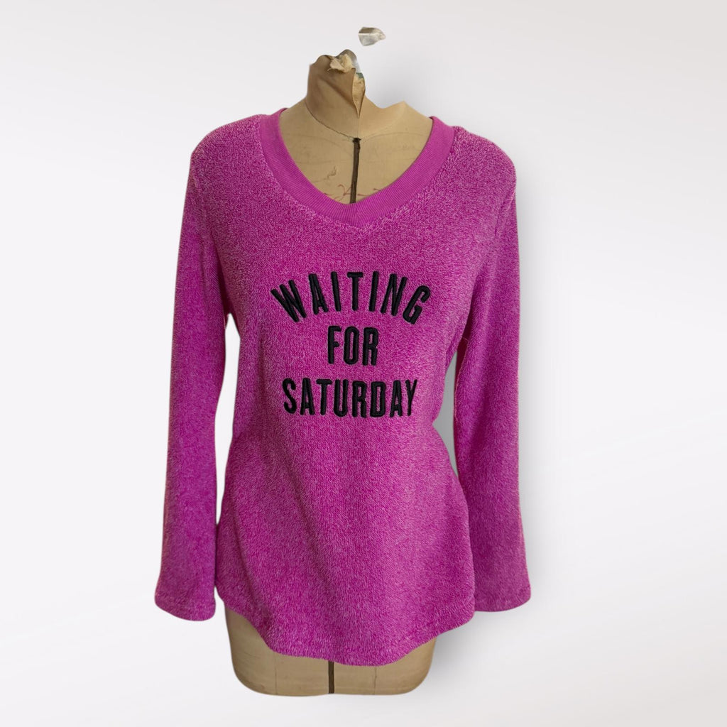 Purple Long Sleeve Sweater with 'Waiting For Saturday' Text