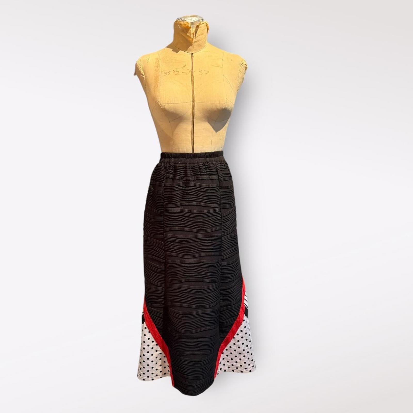 Donna Vinci Black Textured Maxi Skirt with Polka Dot and Red Trim Detail