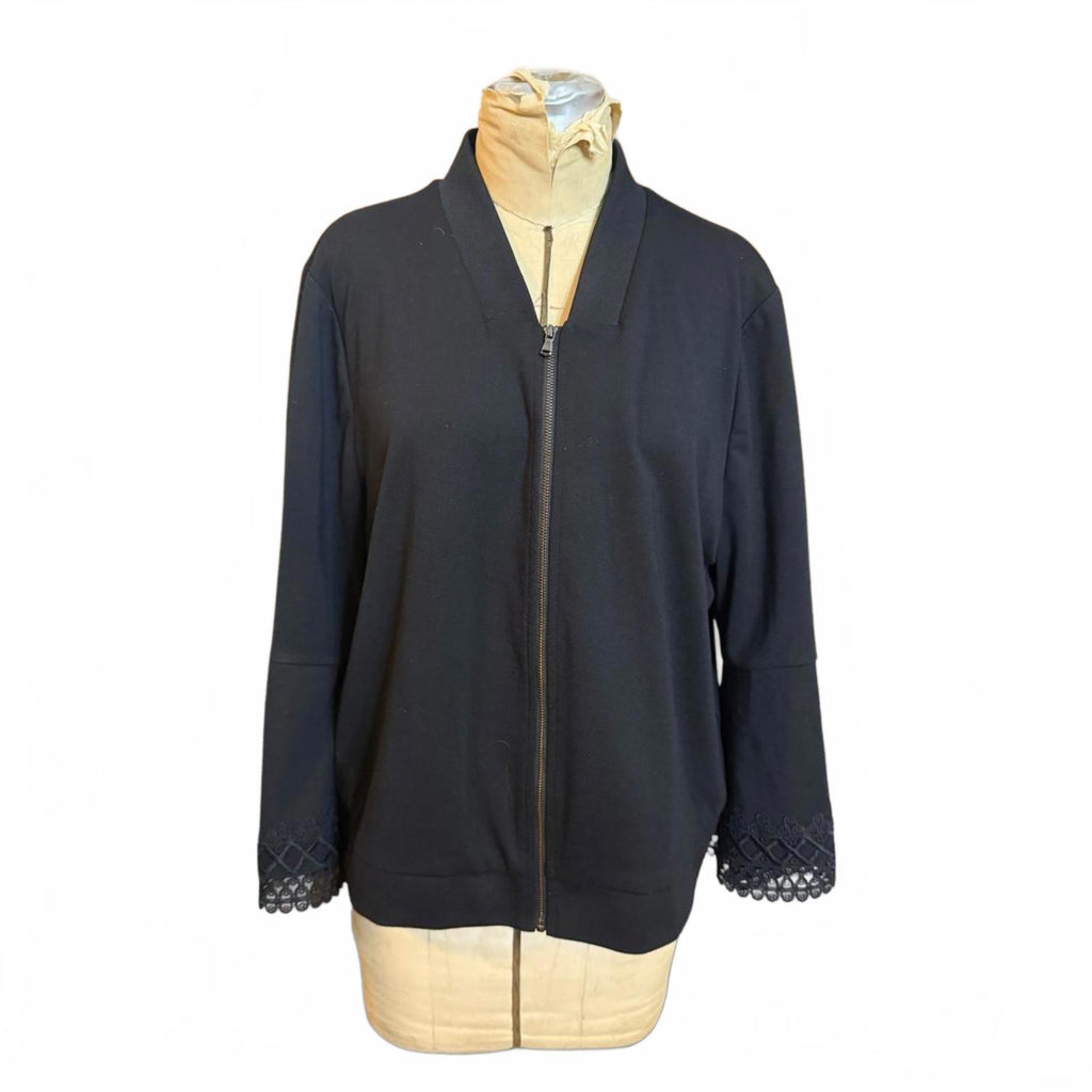 Le Gali Black Zip-Up Jacket with Lace Trim Sleeves
