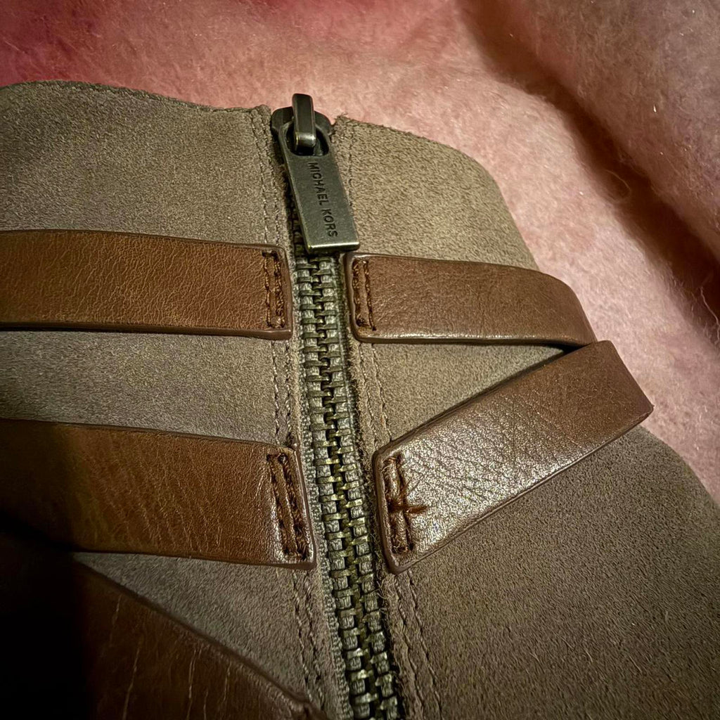 Michael Kors Beige Suede Ankle Boots with Brown Straps