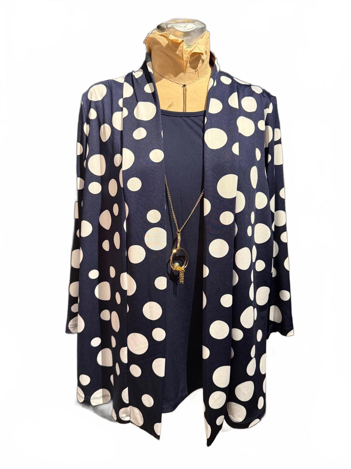 Emily Rose Polka Dot Open Cardigan with Attached Blouse and Necklace