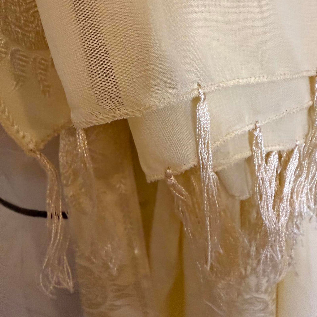 Elegant Cream Embroidered Sun Motif Scarf with Fringe