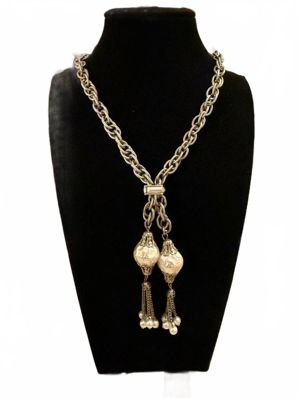 Vintage Gold Tone Chain Necklace with Pearl Tassels