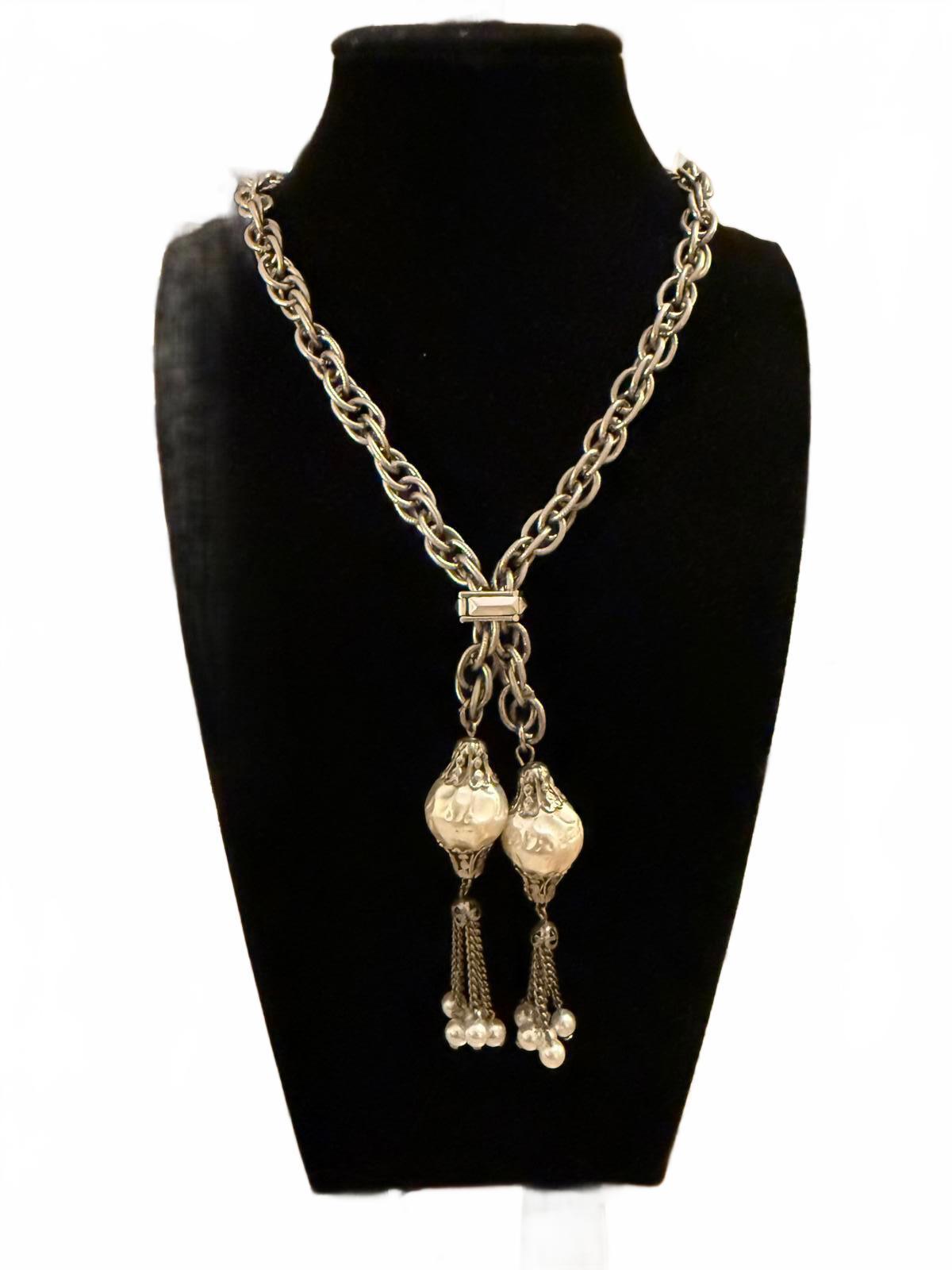 Vintage Gold Tone Chain Necklace with Pearl Tassels