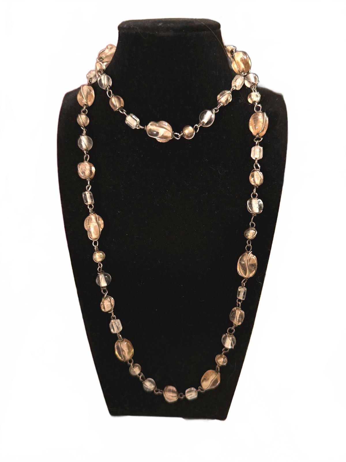 Long Beaded Necklace with Mixed Clear and Amber Beads
