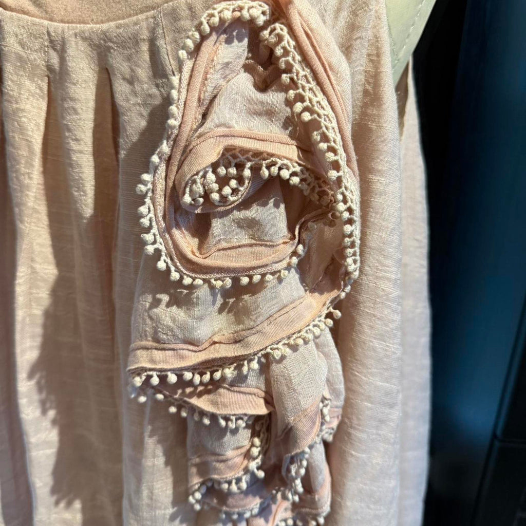 By Stella Vintage Peach Pink Bohemian Midi Dress with Pom Pom Detail