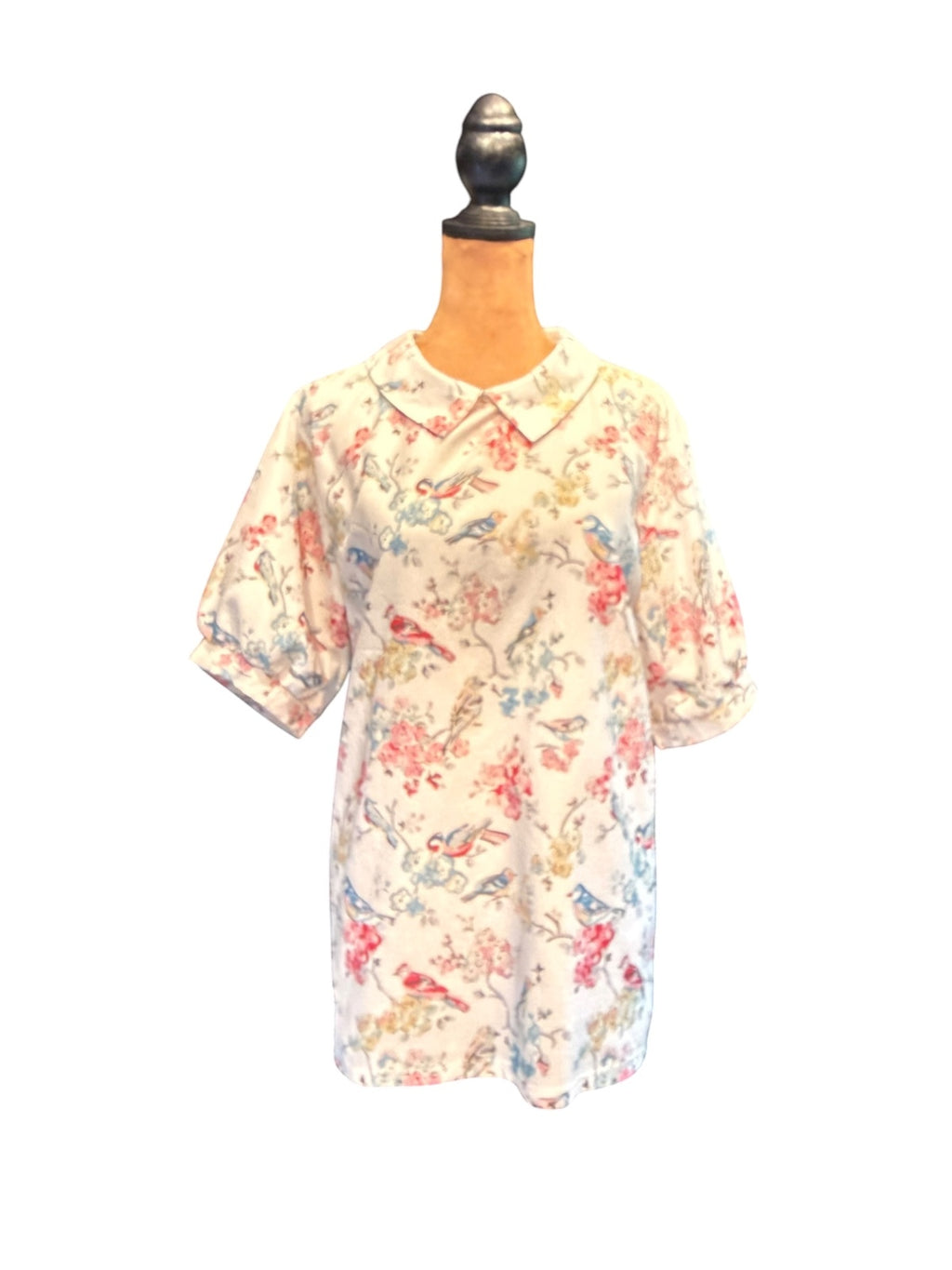 Vintage Bird & Floral Print Collared Blouse with Puff Sleeve