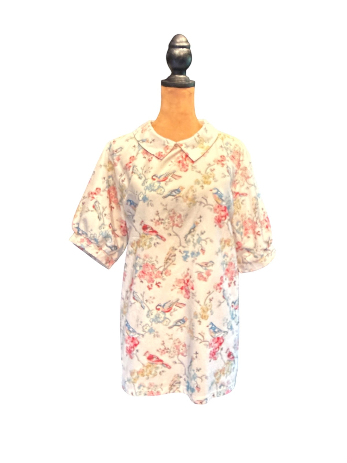 Vintage Bird & Floral Print Collared Blouse with Puff Sleeve