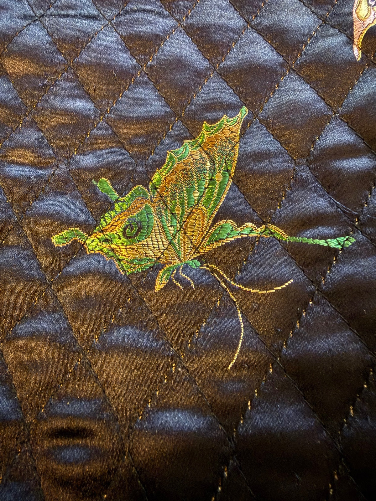 Black Quilted Satin Shoulder Bag with Butterfly Embroidery