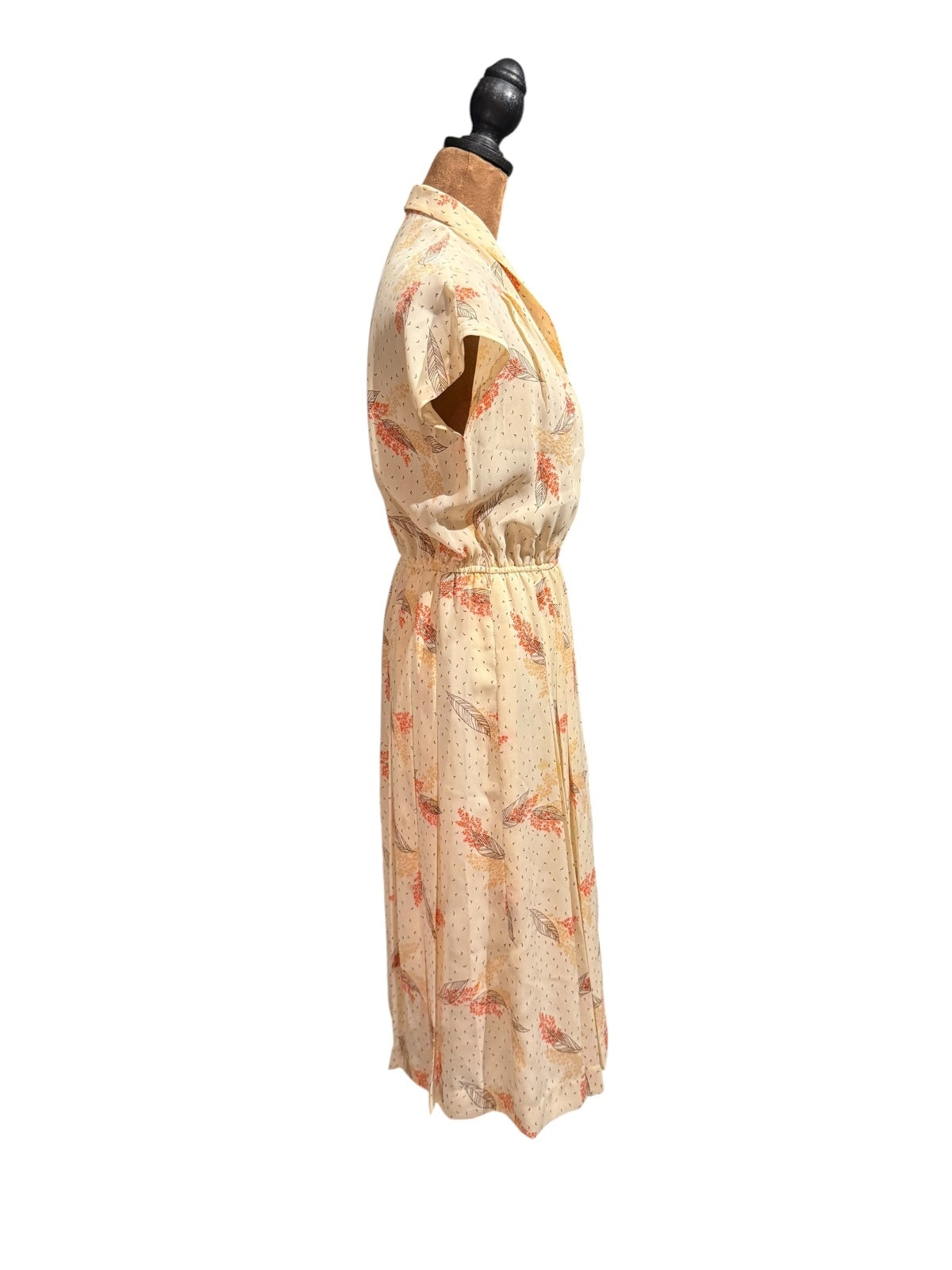 Vintage Cream Floral Print Midi Dress with Elastic Waist