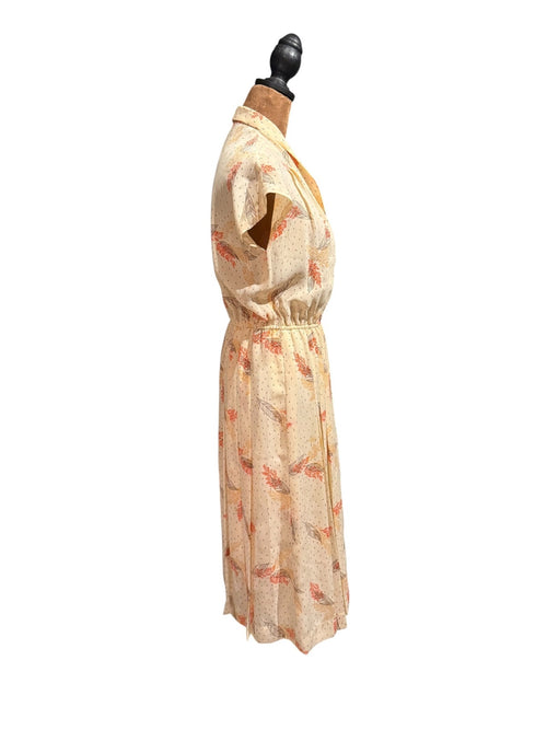 Vintage Cream Floral Print Midi Dress with Elastic Waist