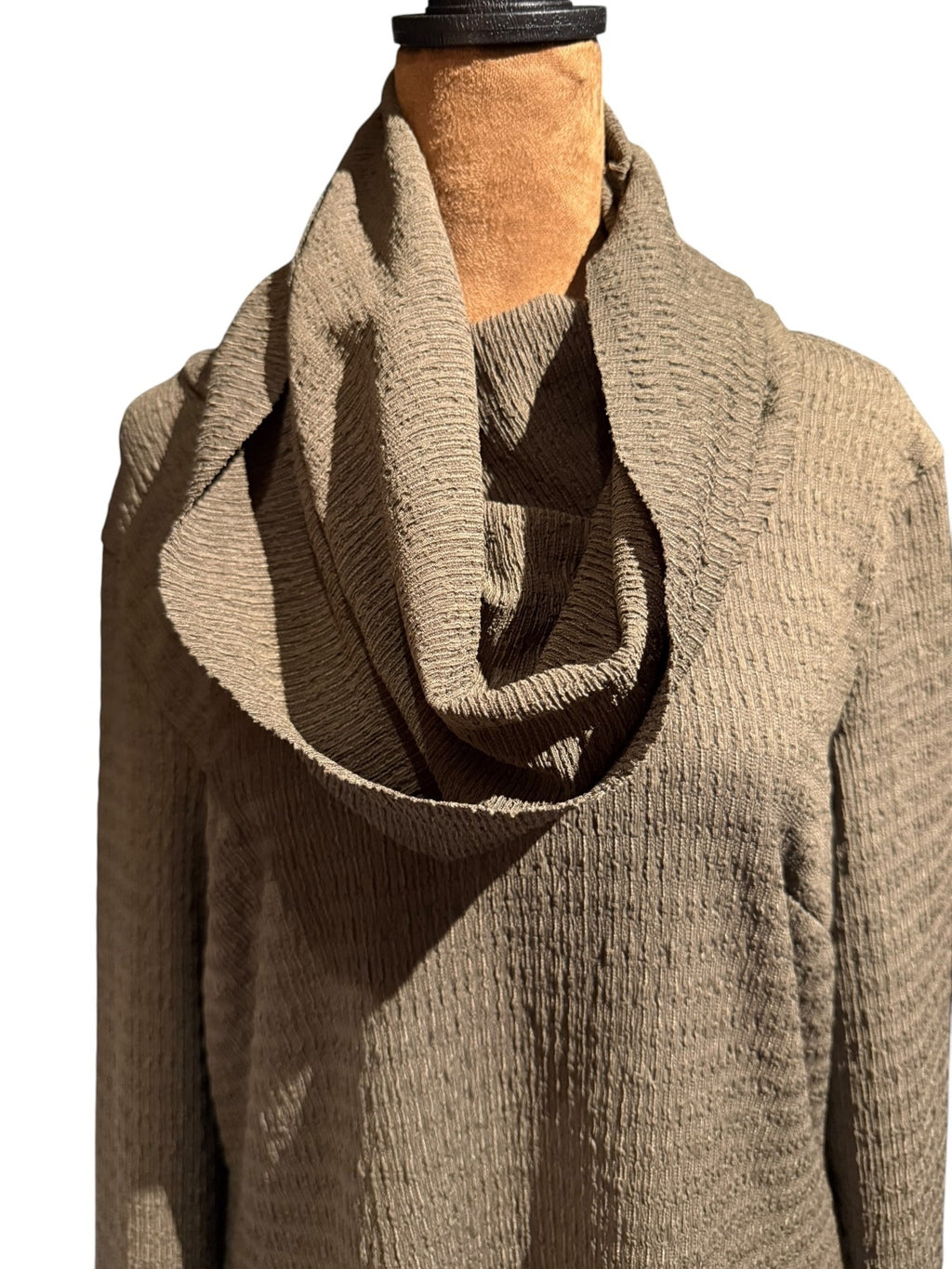Brown Long Sleeve High-Low Tunic with Draped Cowl Neck