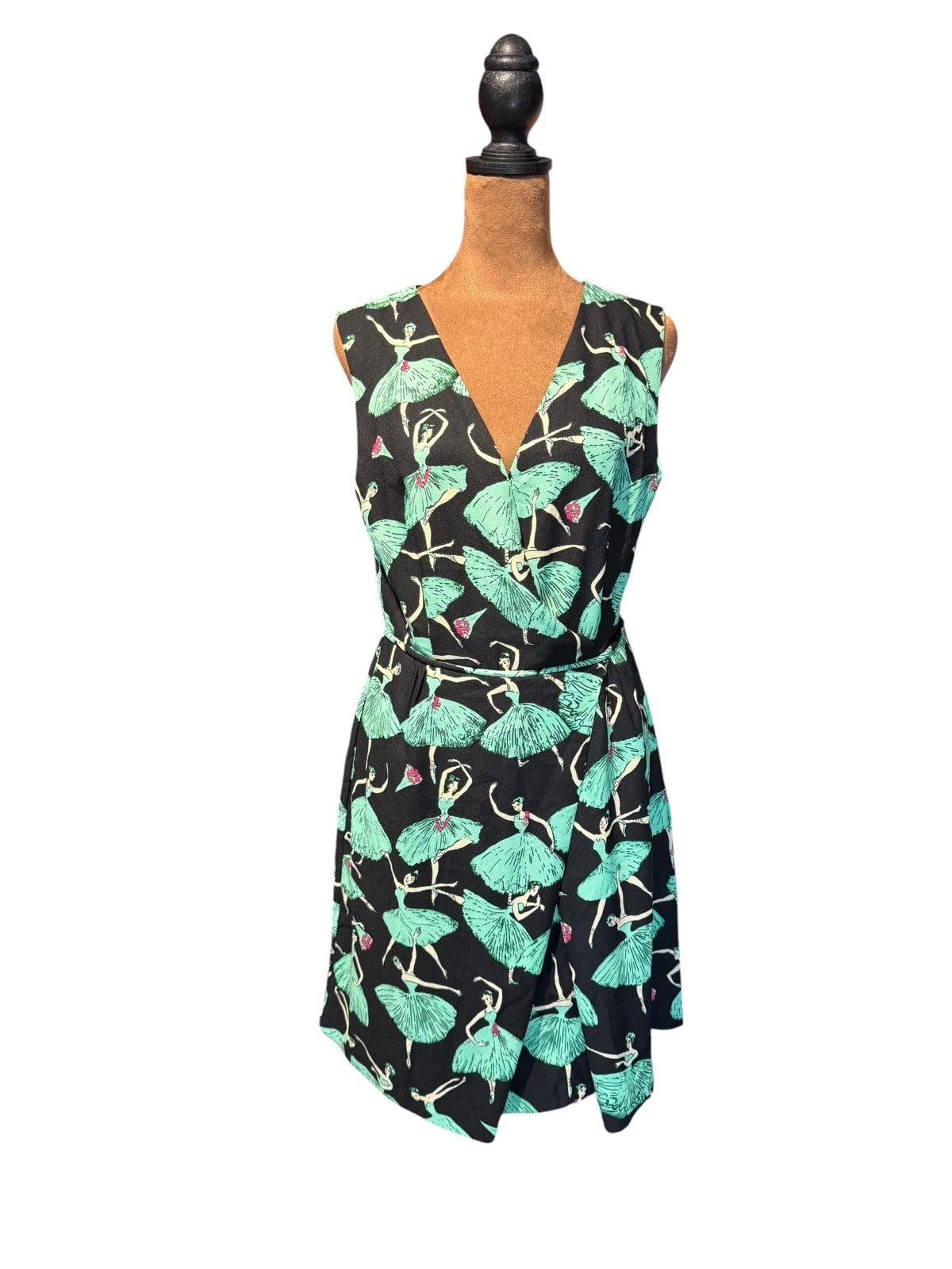 I. Madeline Sleeveless Black Dress with Green Ballerina Print, Size M