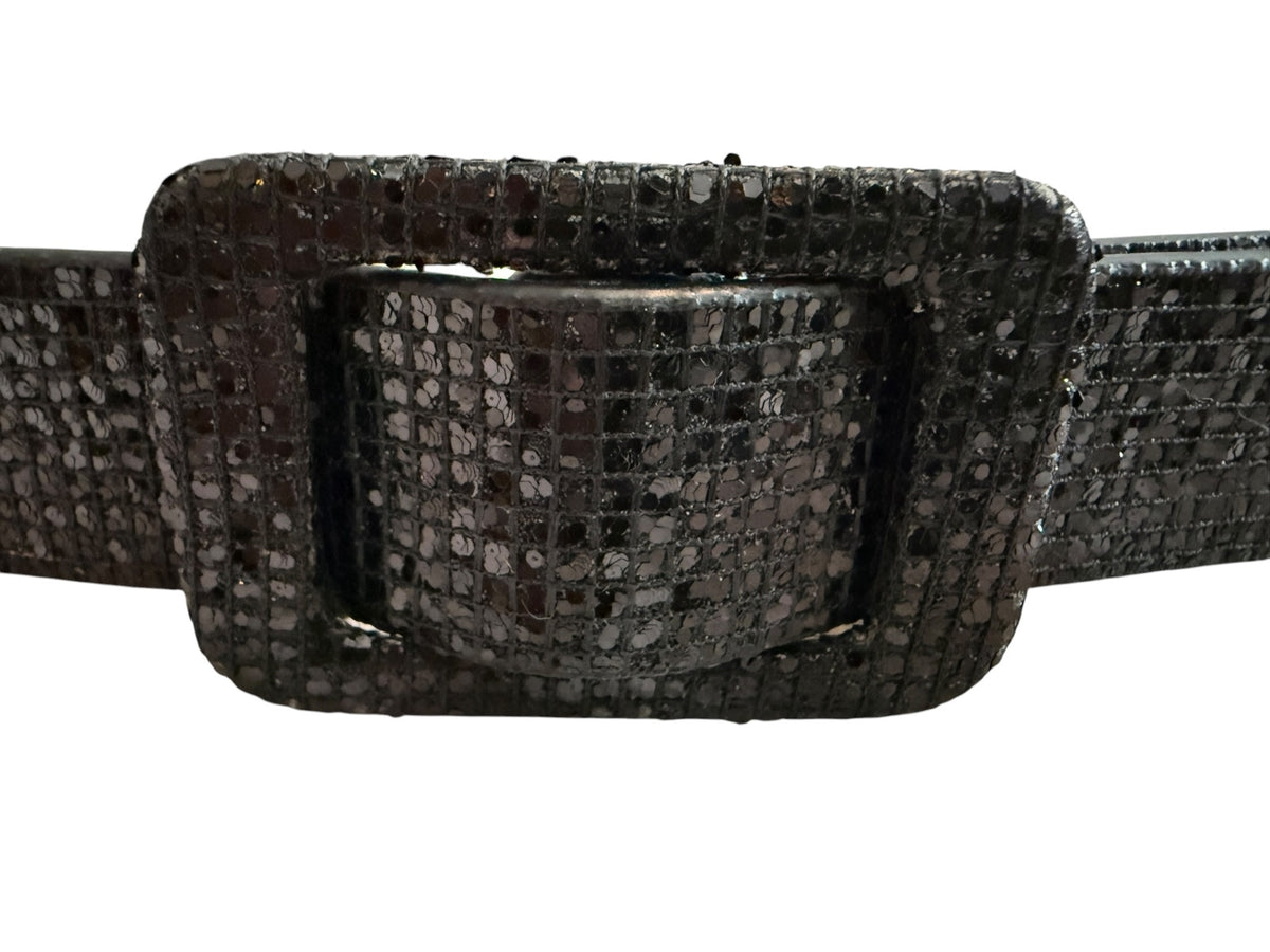 Black Textured Glam Belt with Rectangular Buckle