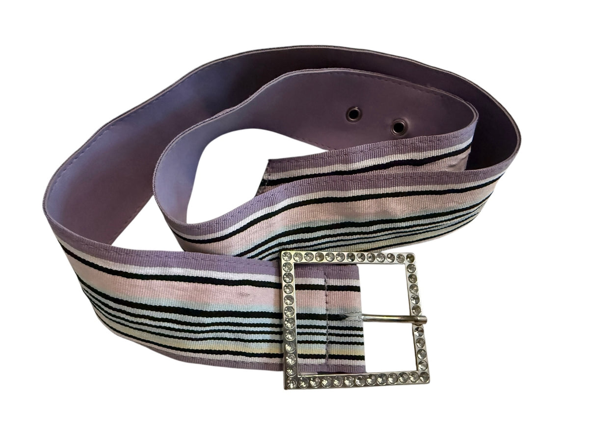 Vintage Wide Purple and Multicolor Striped Belt with Rhinestone Buckle