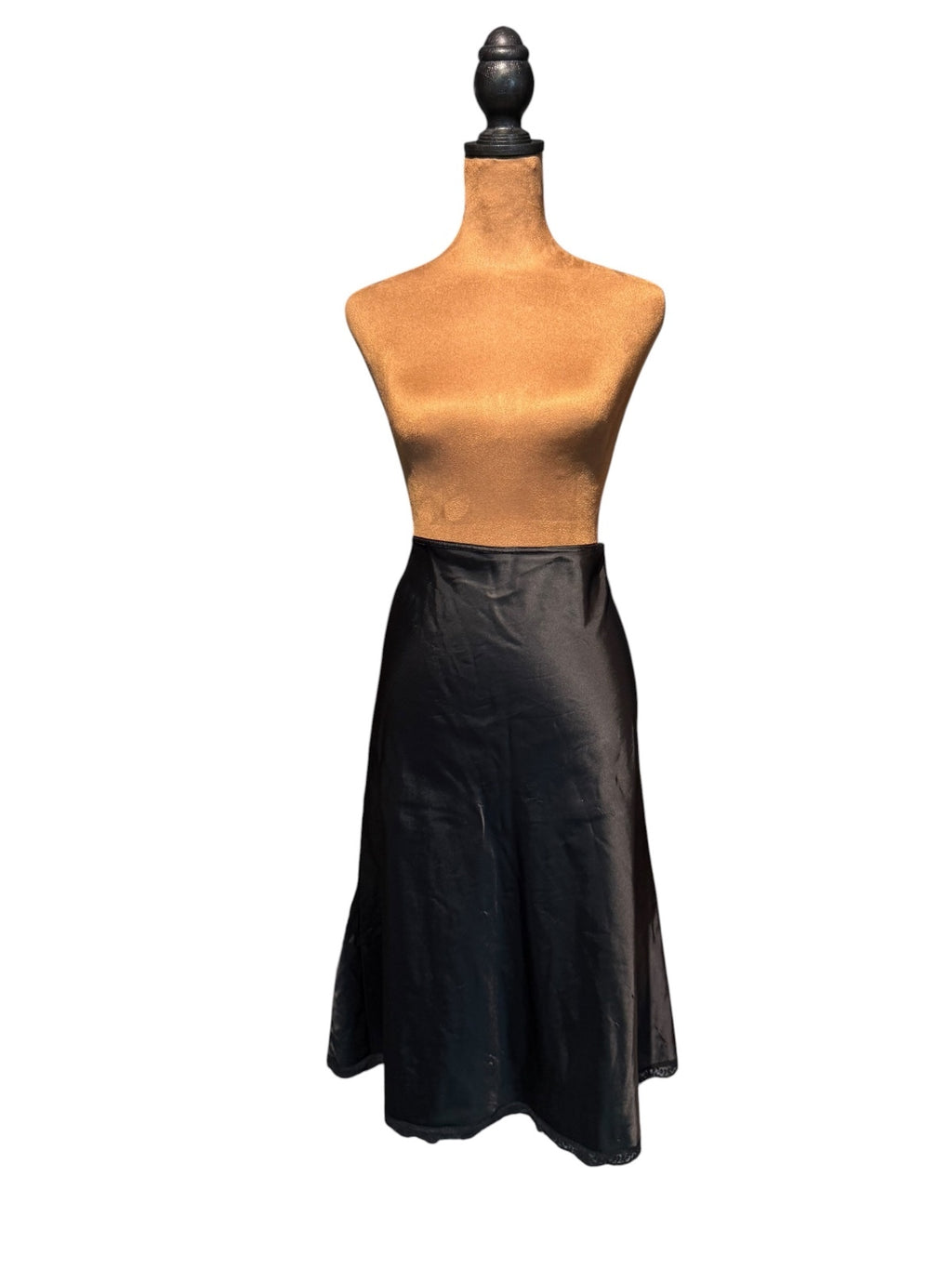 Barbizon Vintage Black Satin Slip Skirt with Lace Trim