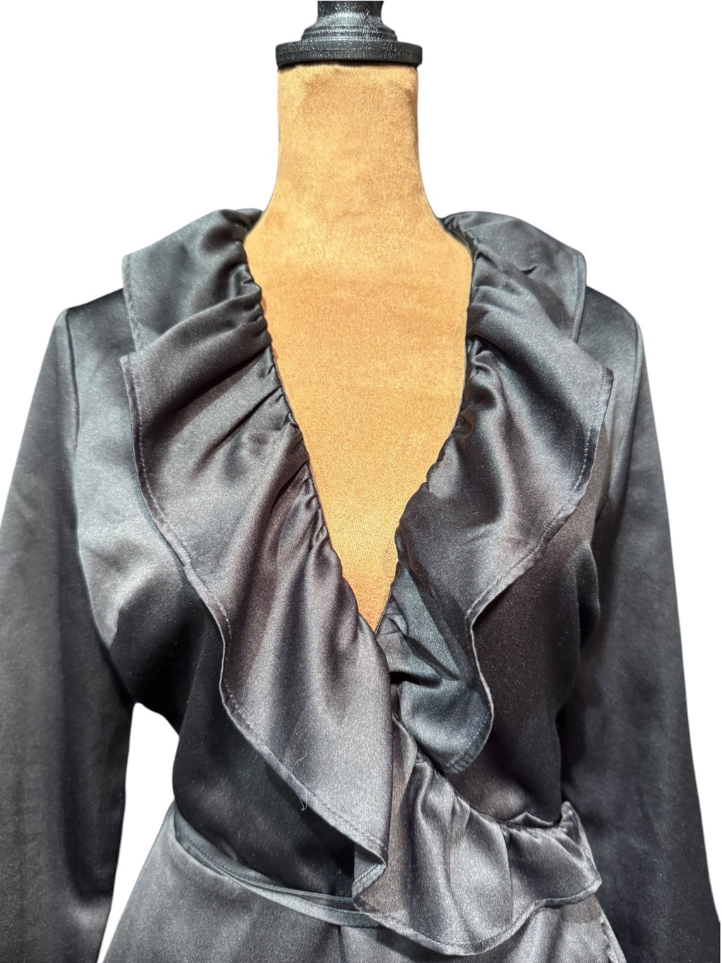 Bar III Black Satin Ruffle Wrap Dress