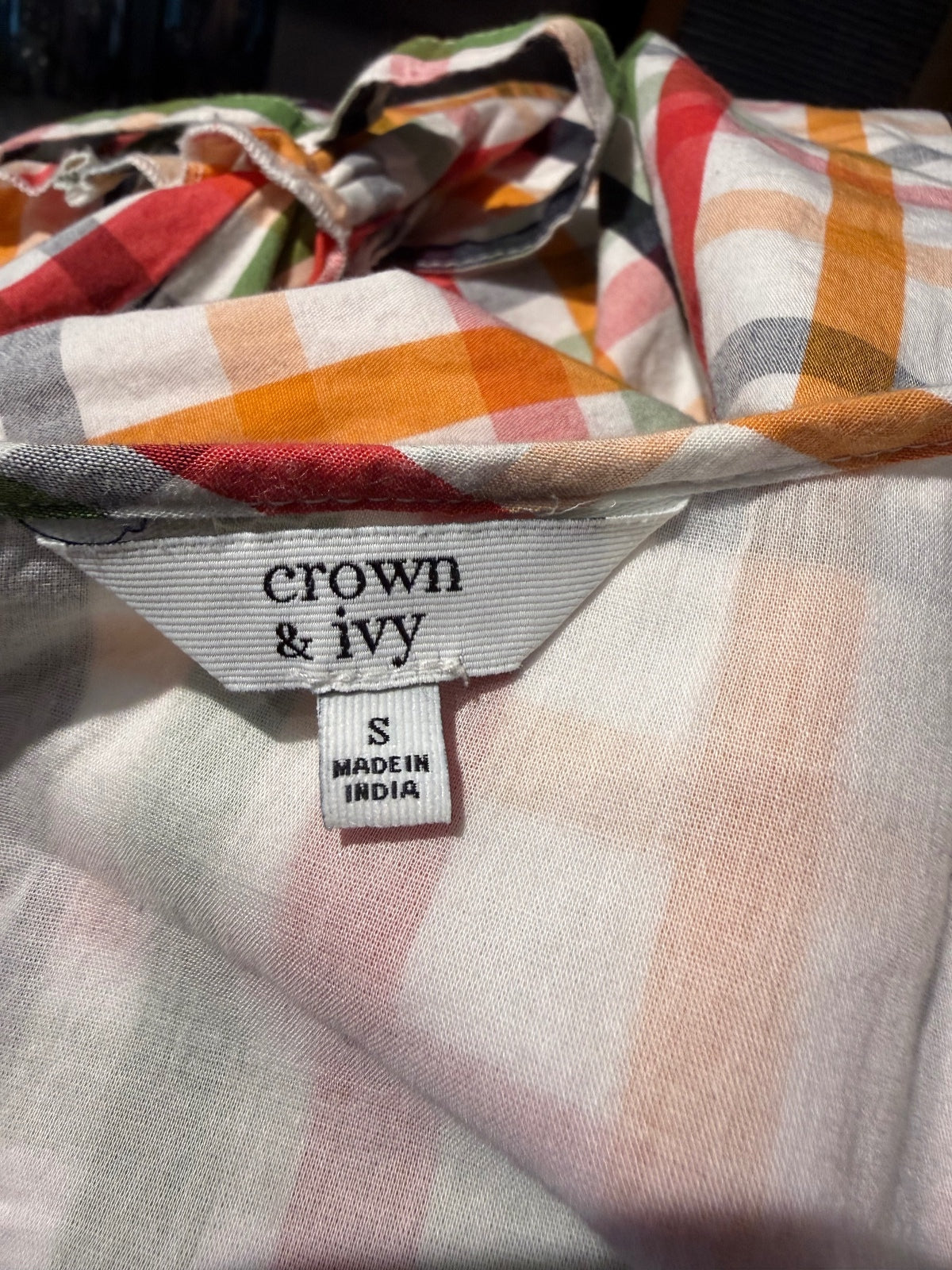 Crown & Ivy Colorful Plaid Cotton Dress with Sleeve Ties