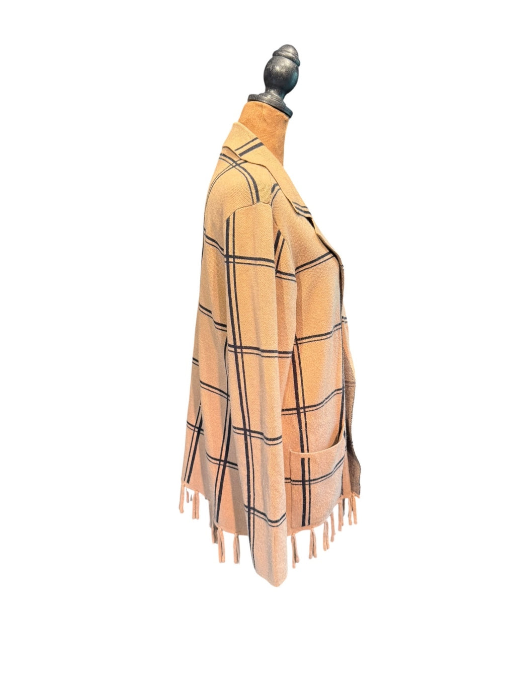 Adrienne Vittadini Beige Plaid Open Front Cardigan with Fringe