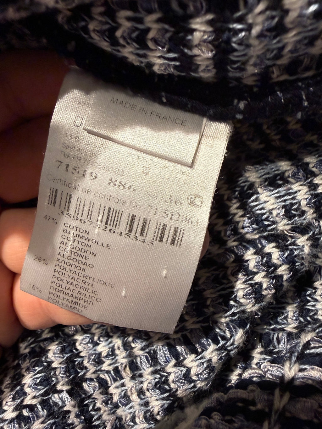 Claudius Navy Blue and White Tweed Long Cardigan with Orange Accents