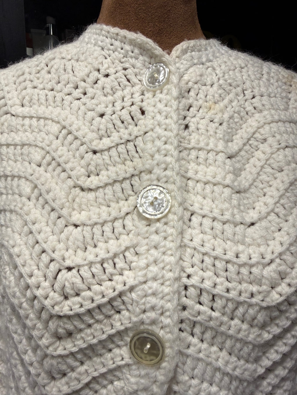 Vintage Handmade Cream Crochet Button-Up Poncho Cape
