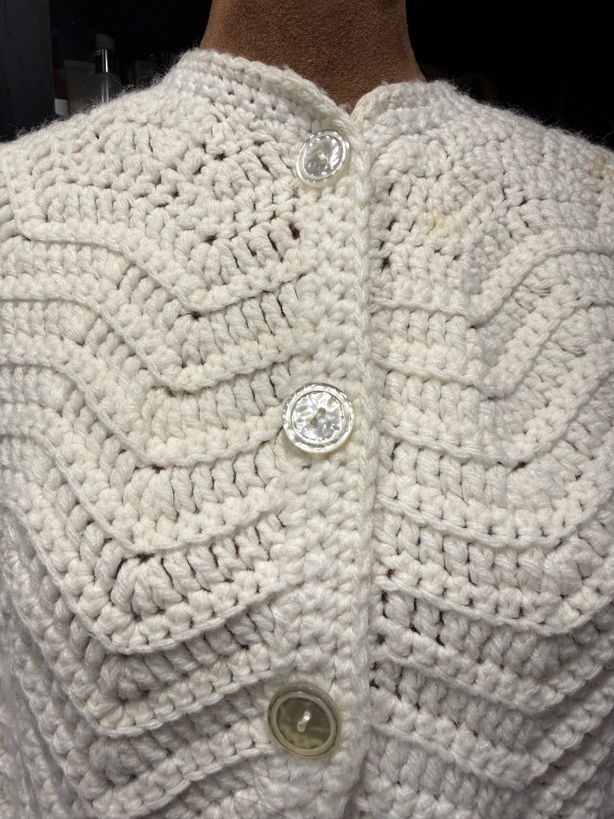 Vintage Handmade Cream Crochet Button-Up Poncho Cape
