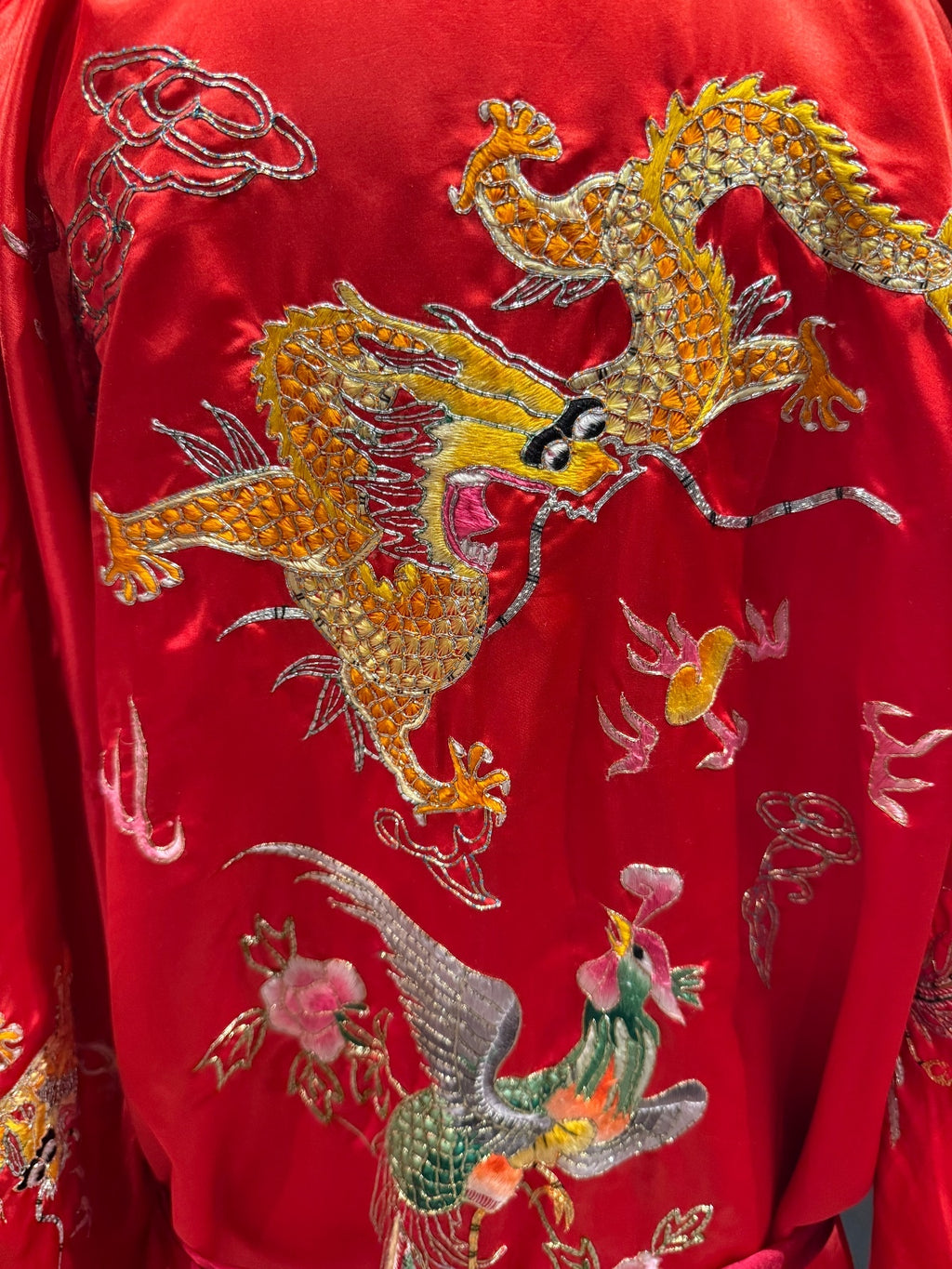 Vintage Phoenix Red 100% Silk Kimono with Embroidered Dragon