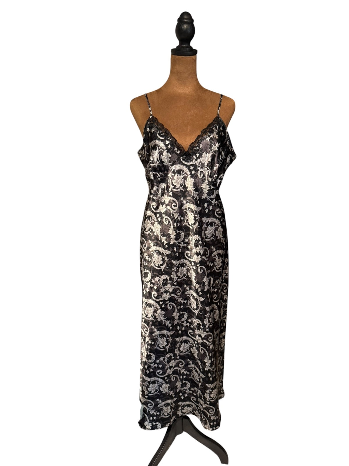 Adonna Black and White Floral Satin Nightgown Slip Dress