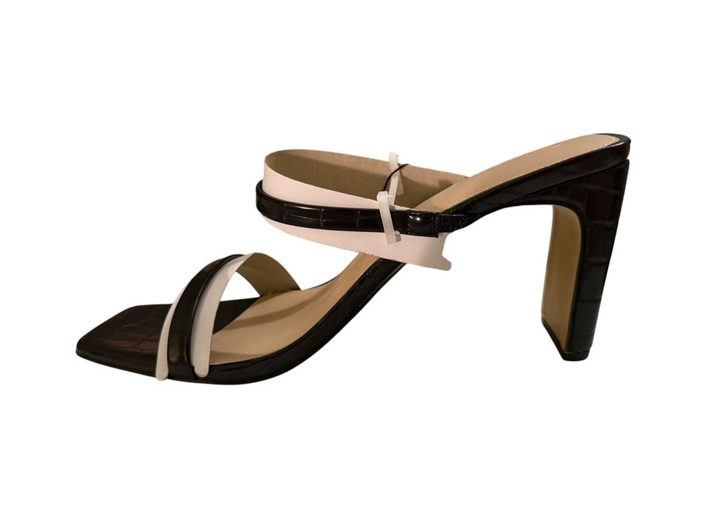 The Drop Black Croc-Embossed High Heel Sandals with White Straps